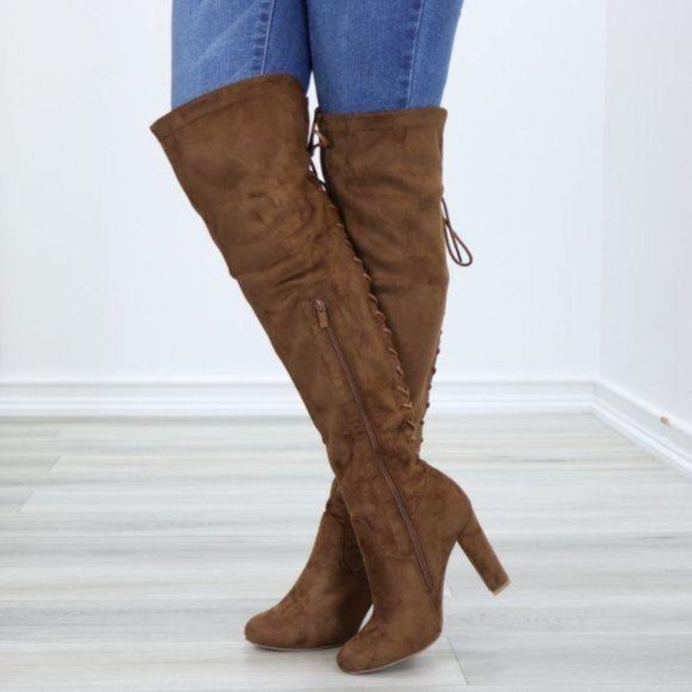 Suede Over The Knee Heeled Boots With Lace Up Back - Picture 4 of 13